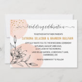 ピンクモダンと黒の花の金ゴールドドット結婚ズ 招待状 (正面)