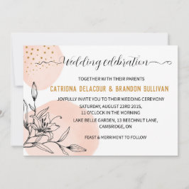 ピンクモダンと黒の花の金ゴールドドット結婚ズ 招待状