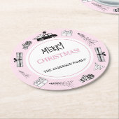 ピンクモダンに白黒イラストレーション ラウンドペーパーコースター (アングル)