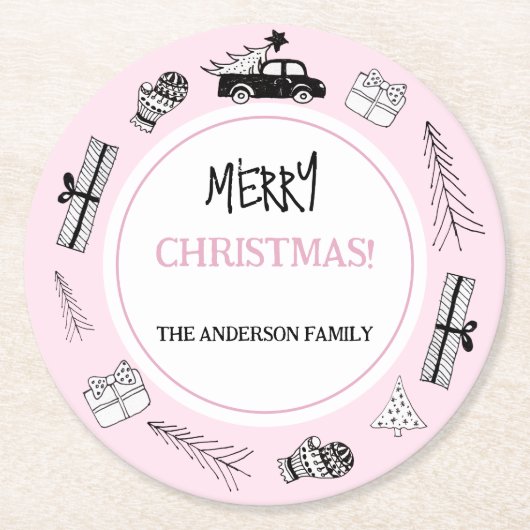 ピンクモダンに白黒イラストレーション ラウンドペーパーコースター (正面)