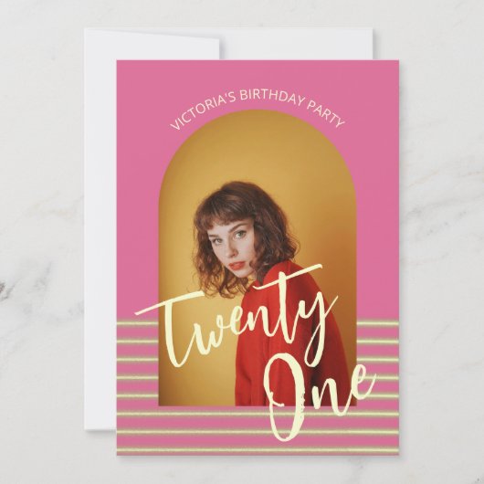ピンクモダンのアーチフォト21歳の誕生日パーティー 招待状 (正面)