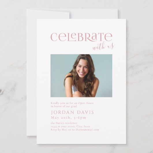 ピンクモダンのアーチ写真の卒業発表 招待状 (裏面)