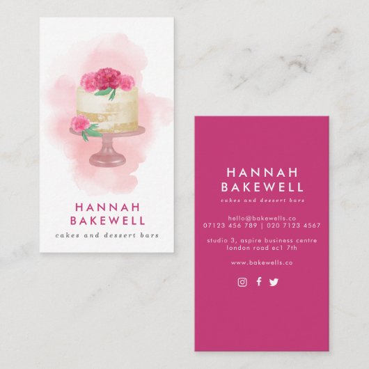ピンクモダンのウォーターカラーケーキと花 名刺 (正面/裏面)