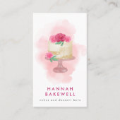 ピンクモダンのウォーターカラーケーキと花 名刺 (正面)