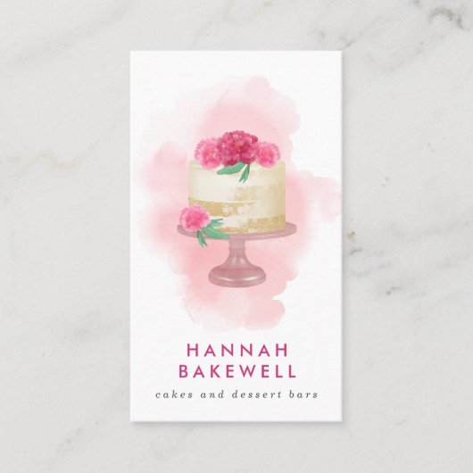 ピンクモダンのウォーターカラーケーキと花 名刺 (正面)