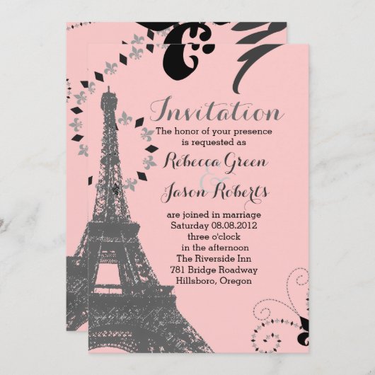 ピンクモダンのエッフェルタワーヴィンテージパリ結婚ス 招待状 (正面/裏面)
