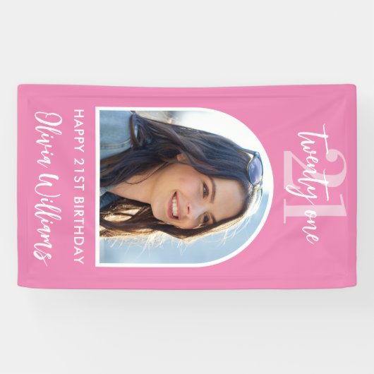 ピンクモダンのエレガント写真21歳の誕生日サイン 横断幕 (横)