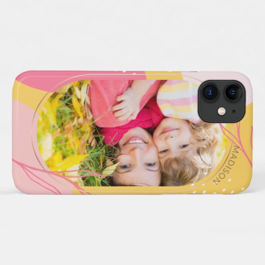 ピンクモダンのオレンジ色のフローラの写パーソナライズされた真名 Case-Mate iPhoneケース (裏面(横))