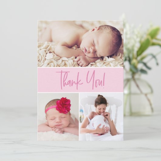 ピンクモダンのカスタム生まれたばかりの写真コラージュシャワー サンキューカード (スタンド正面)