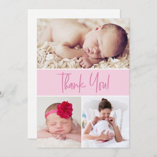 ピンクモダンのカスタム生まれたばかりの写真コラージュシャワー サンキューカード (正面/裏面)