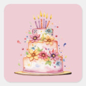 ピンクモダンのカラフルお誕生日ケーキ スクエアシール (正面)