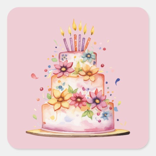 ピンクモダンのカラフルお誕生日ケーキ スクエアシール (正面)