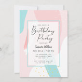 ピンクモダンのガーリー抽象芸術誕生日パーティー 招待状 (正面)