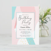 ピンクモダンのガーリー抽象芸術誕生日パーティー 招待状 (スタンド正面)