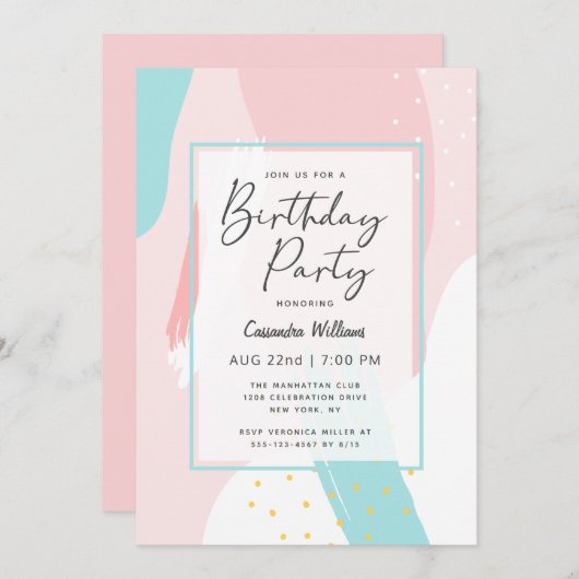 ピンクモダンのガーリー抽象芸術誕生日パーティー 招待状 (正面/裏面)