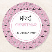 ピンクモダンのクリスマスの白黒パターン ラウンドペーパーコースター (正面)