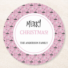 ピンクモダンのクリスマスの白黒パターン ラウンドペーパーコースター
