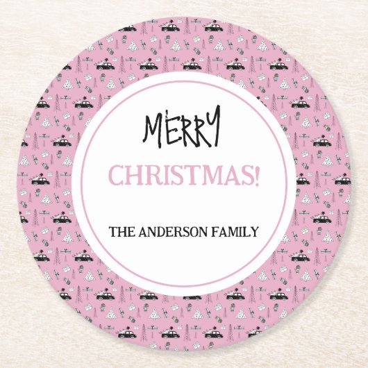 ピンクモダンのクリスマスの白黒パターン ラウンドペーパーコースター (正面)