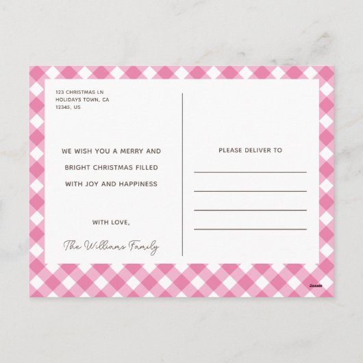 ピンクモダンのクリスマスジンガム写真はがき シーズンポストカード (裏面)
