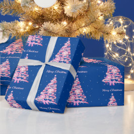 ピンクモダンのクリスマスツリーパターンネイビーブルー ラッピングペーパー