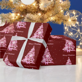 ピンクモダンのクリスマスツリーレッド ラッピングペーパー