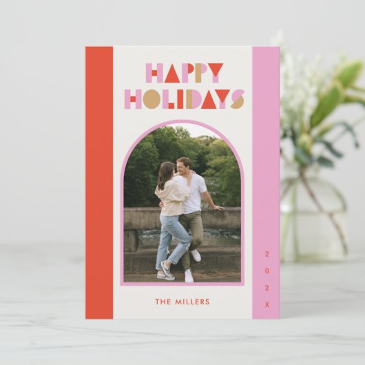 ピンクモダンのクリスマス | 1フォトアーチカード シーズンカード (スタンド正面)