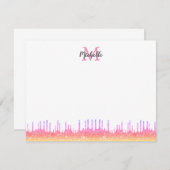 ピンクモダンのグラデーショングリッターDripsスクリプトモノグラムの ノートカード (正面/裏面)