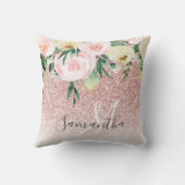 ピンクモダンのグリッターと花が名前と輝く クッション (裏面)