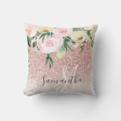ピンクモダンのグリッターと花が名前と輝く クッション (正面)