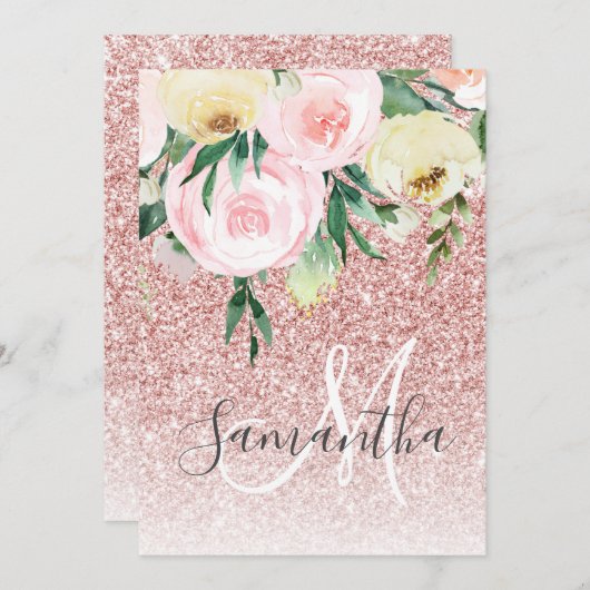 ピンクモダンのグリッターと花が名前と輝く シーズンカード (正面/裏面)