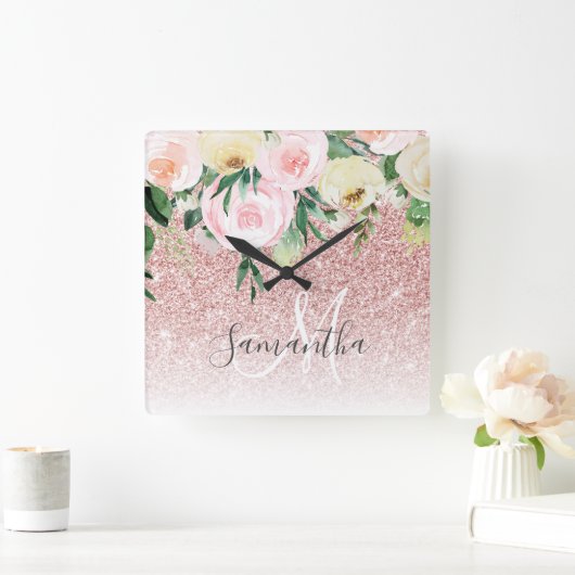 ピンクモダンのグリッターと花が名前と輝く スクエア壁時計 (ホーム)