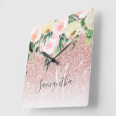 ピンクモダンのグリッターと花が名前と輝く スクエア壁時計 (傾斜)