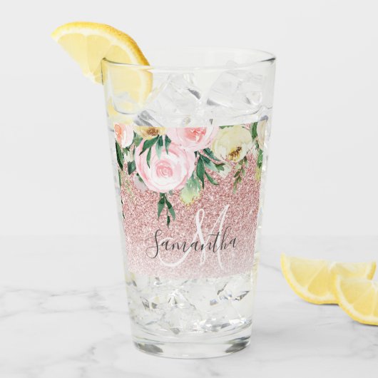 ピンクモダンのグリッターと花が名前と輝く タンブラーグラス (アイス正面)