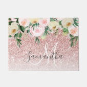 ピンクモダンのグリッターと花が名前と輝く ドアマット (正面)