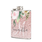 ピンクモダンのグリッターと花が名前と輝く フラスク (左)
