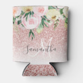 ピンクモダンのグリッターと花が名前と輝く 缶クーラー (正面)