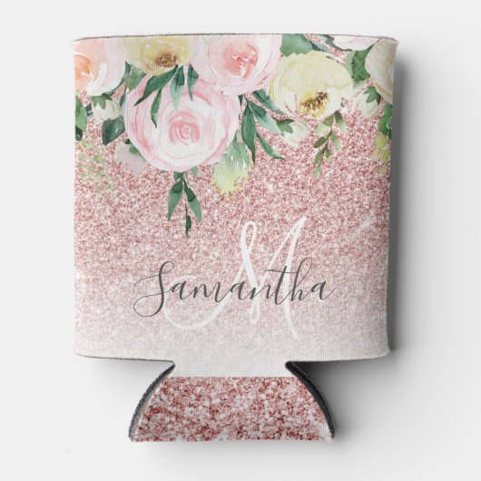 ピンクモダンのグリッターと花が名前と輝く 缶クーラー (正面)