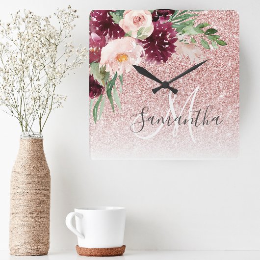ピンクモダンのグリッターと花のきらめき  スクエア壁時計