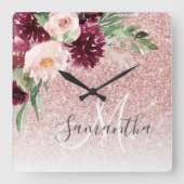 ピンクモダンのグリッターと花のきらめき  スクエア壁時計 (正面)