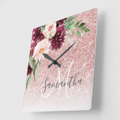 ピンクモダンのグリッターと花のきらめき  スクエア壁時計 (傾斜)