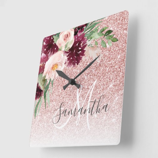 ピンクモダンのグリッターと花のきらめき  スクエア壁時計 (傾斜)