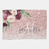 ピンクモダンのグリッター&花の名前の輝き キッチンタオル (横)