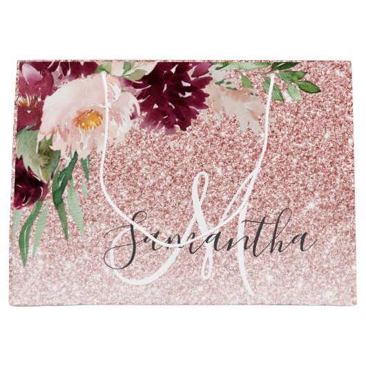 ピンクモダンのグリッター&花の名前の輝き ラージペーパーバッグ (正面)