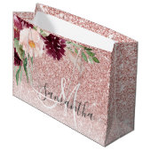 ピンクモダンのグリッター&花の名前の輝き ラージペーパーバッグ (正面アングル)