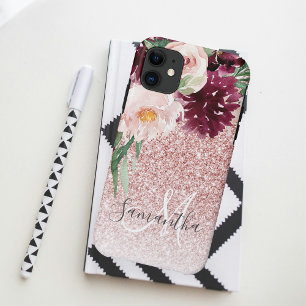 ピンクモダンのグリッター&花の名前の輝き iPhone 11 ケース