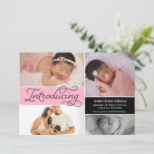 ピンクモダンのコラージュでベビーガールを紹介 案内状 (スタンド正面)