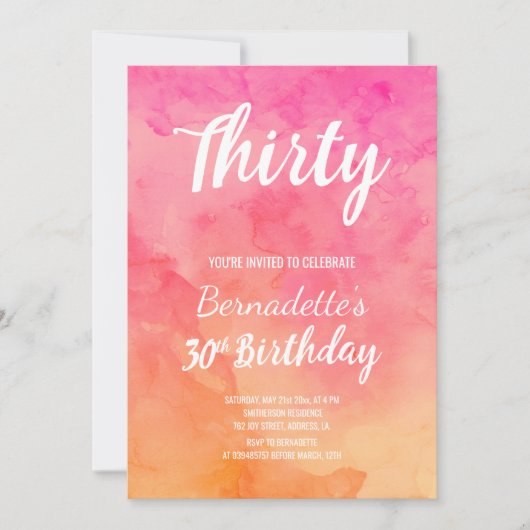 ピンクモダンのサンゴの水の色グラデーション30th Birthday 招待状 (正面)