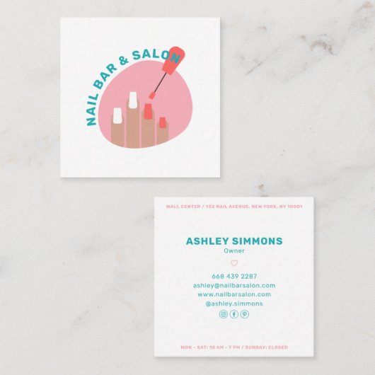 ピンクモダンのサンゴネイルサロンミニマル真似主義者 スクエア名刺 (正面/裏面)