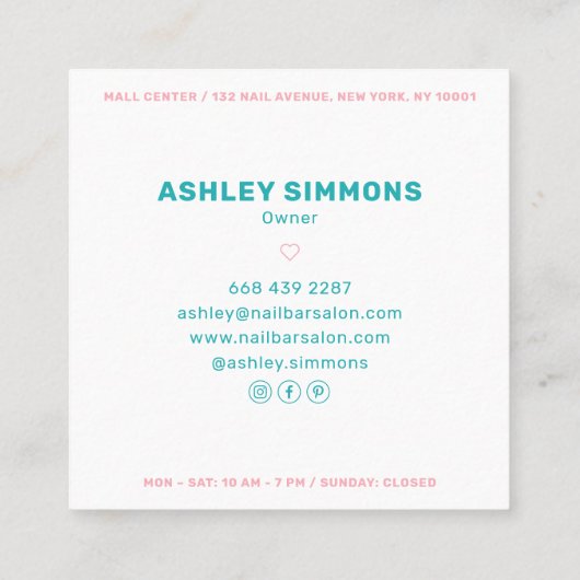 ピンクモダンのサンゴネイルサロンミニマル真似主義者 スクエア名刺 (裏面)