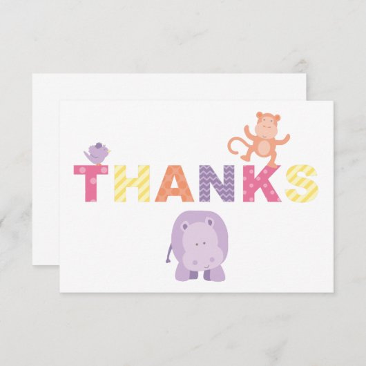 ピンクモダンのジャングル動物のベビーガールシャワー サンキューカード (正面/裏面)